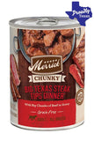 Merrick Chunky Big Texas Steak Tips Dinner Recipe Wet Dog Food Front of Can